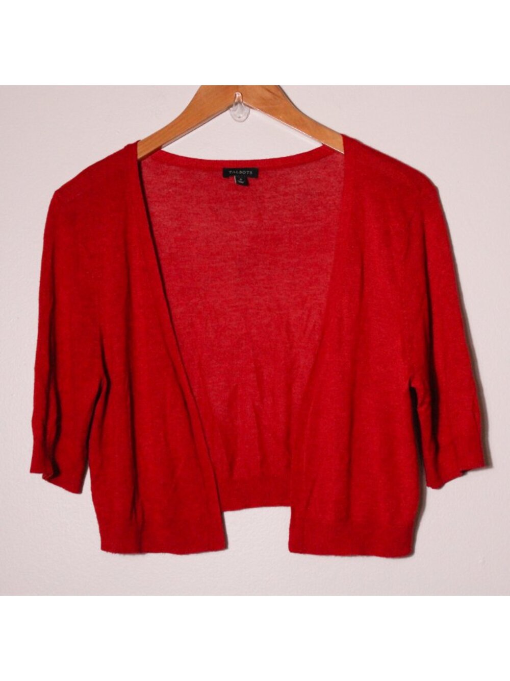 Talbots Cropped Short Elbow Sleeve Open Front Cardigan Lightweight Red Size S